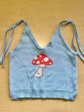 Miss Sparkling Mushroom Sweater Knit Crop Tank Top XL Boho Hippie Cottagecore